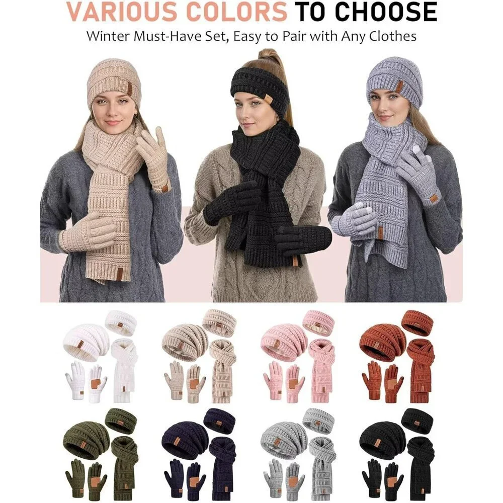 Women Winter Beanie Scarf Gloves Headband Set Knit Warm 4 Piece Gift White